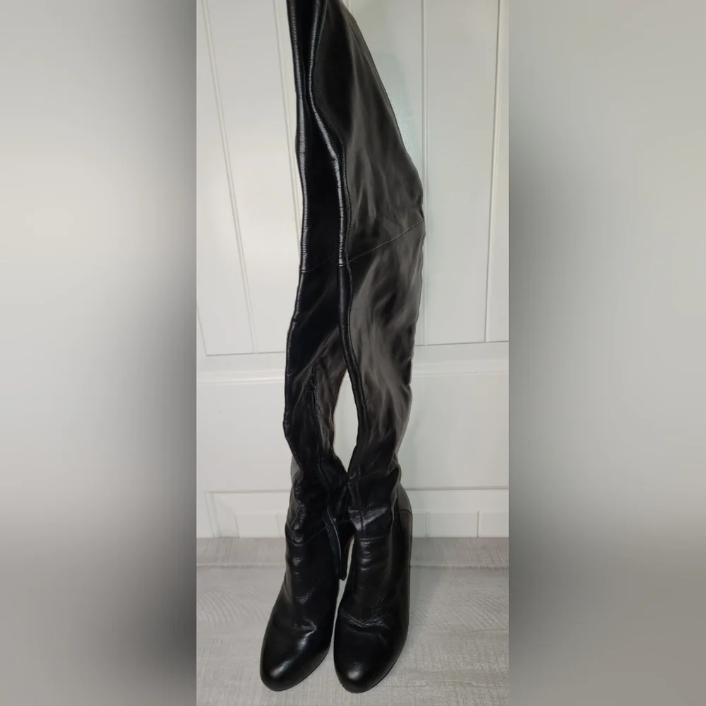 Women's Colin Stuart Black Leather Thigh-High Heeled Boots- Size 7.5B